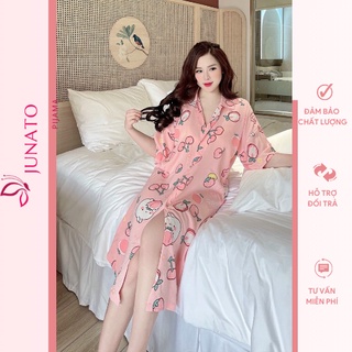 Váy sơ mi dáng dài đầm xuông bigsize họa tiết dễ thương chất lụa mango cao cấp JUNATO
