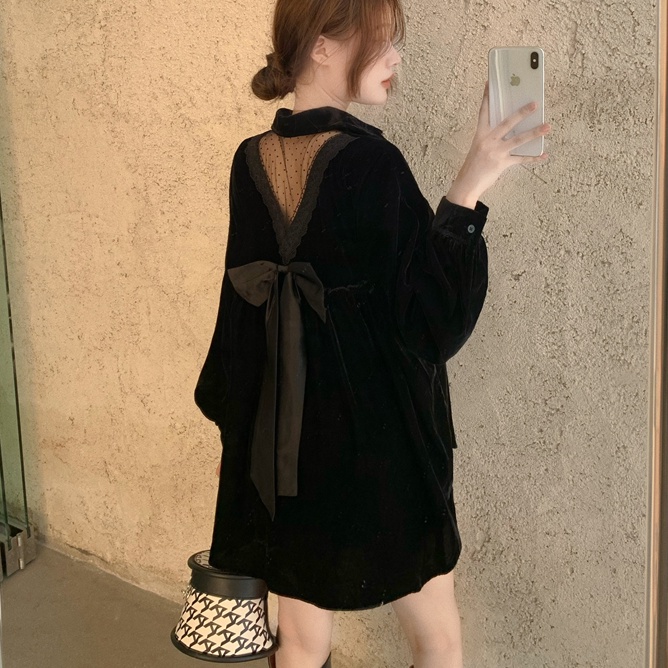 Đầm Nhung Phối Lưới Thắt Nơ Phong Cách Retro Thời Trang Thu Đông