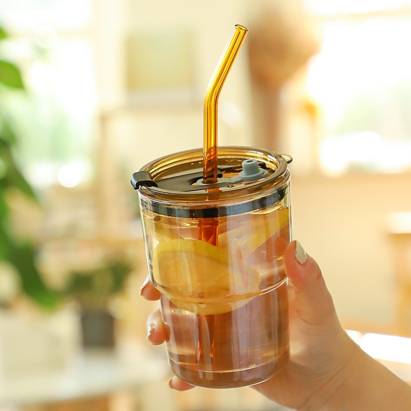 [QUÀ TẶNG MÓC DÁN TƯỜNG] Cốc Thủy Tinh Bọc Da Hổ Phách Dung Tích 450ML Cao Cấp Có Nắp Kèm Ống Hút Chịu Nhiệt