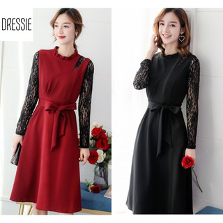 Váy Áo Đầm Xòe Chữ A Midi DRESSIE Dài Qua Gối Phối Ren Tay Dài Công Sở Dạo Phố Dự Tiệc Cưới Đẹp - DX108