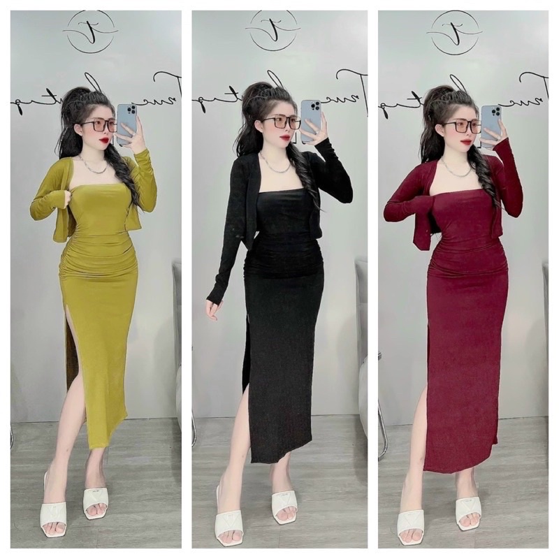 SÉT ĐẦM BODY👗 TK DÁNG DÀI NHÚN EO XẺ TÀ KÈM ÁO KHOÁC🤩(HÀNG ĐẸP NHẬP)