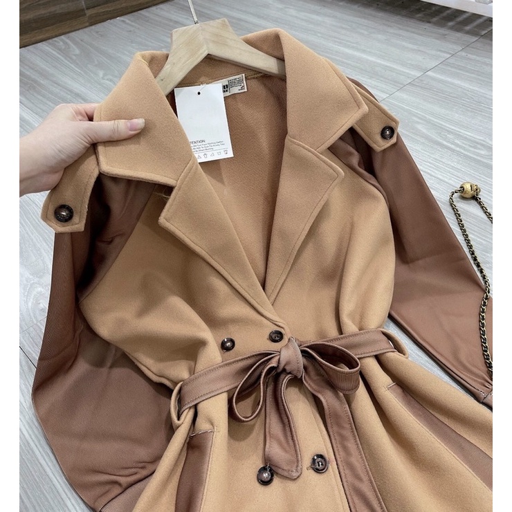 Áo măng tô thời trang, màu kem phối tay nâu KTVYSHOP