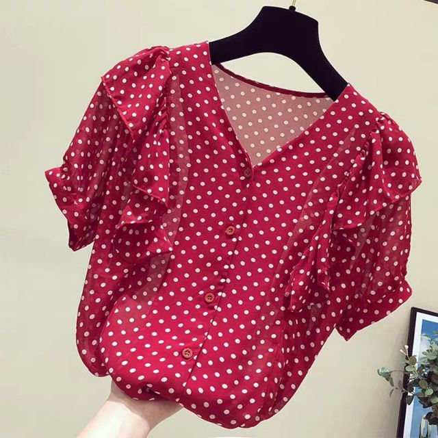 Áo sơ mi chấm bi vai bèo cách điệu