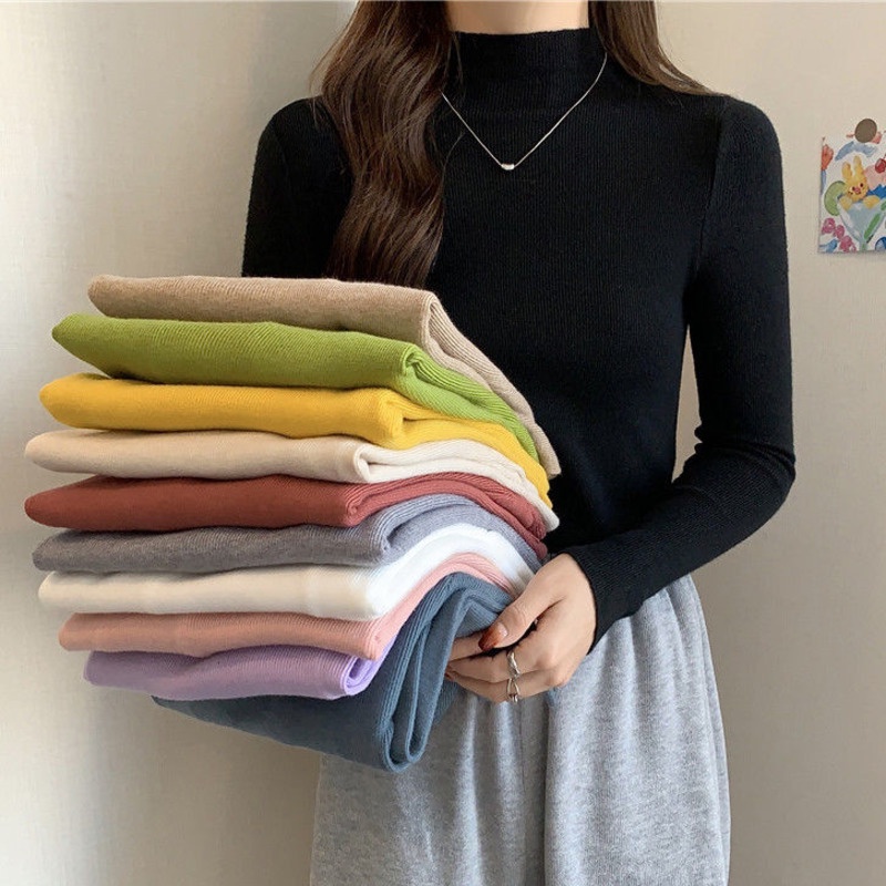 Áo Len Tay Dài Cổ Lọ Màu Trơn Đơn Giản Phong Cách Hàn Quốc