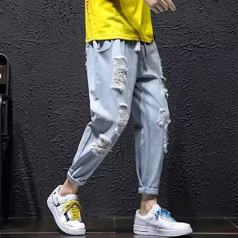 Quần jeans Rách Dáng Rộng Thoải Mái Phong Cách Thời Trang Hàn Quốc Cho Nam Giới size S-5XL