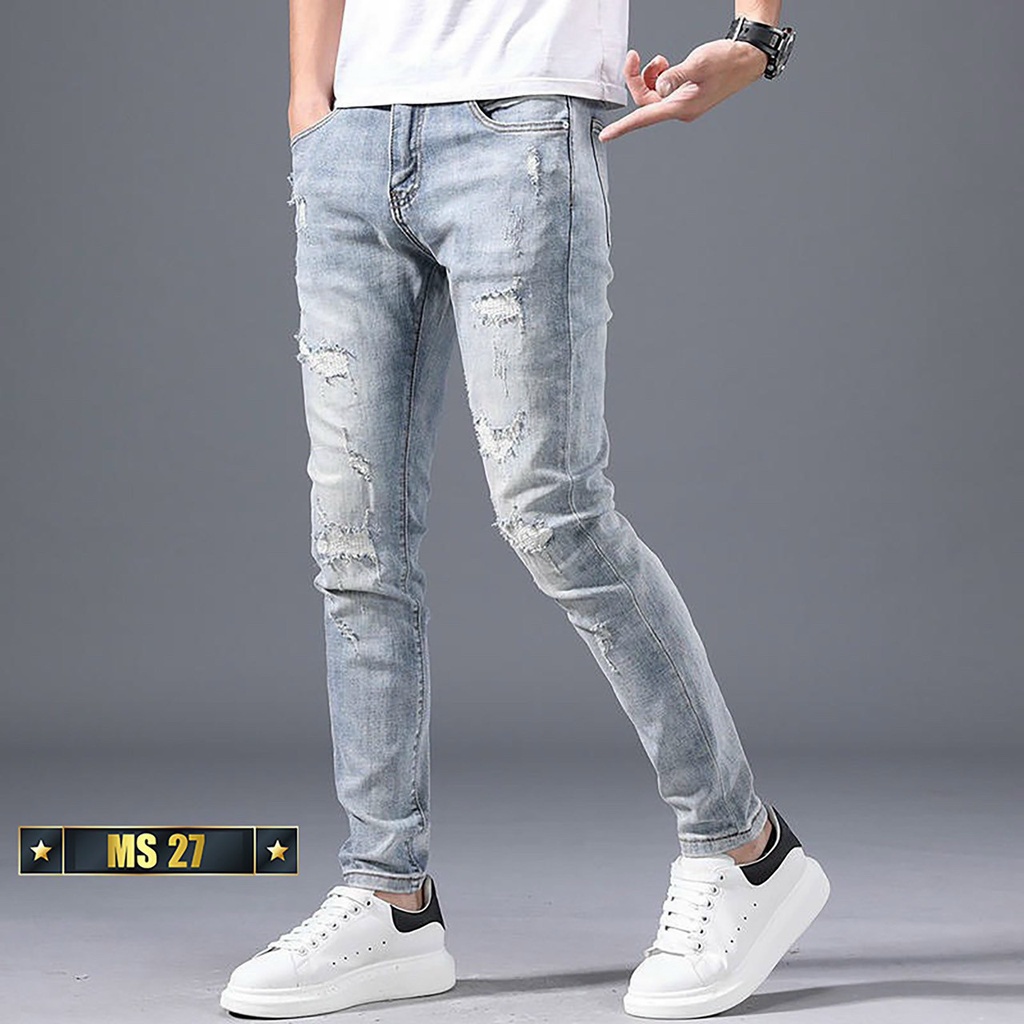Quần jean nam xanh rách gối chất bò cao cấp co dãn 4 chiều họa tiết cực đẹp, quần rin nam QDJ027270 Nhiều mẫu mới