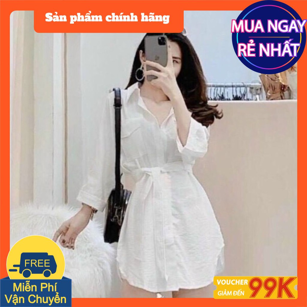 [CÓ SẴN] Đầm Sơ Mi Cổ Chữ V Cột Eo chân váy nữ trắng đi biển dự tiệc bigsize giá rẻ đẹp