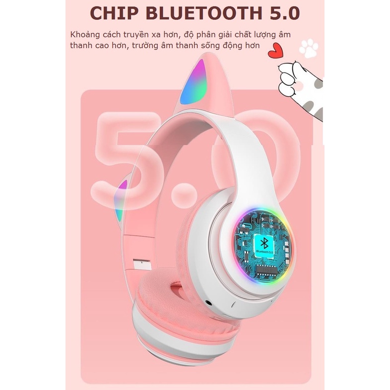 Tai nghe bluetooth B39 tai mèo Headphone chụp tai có mid đèn led đổi màu âm thanh chất lượng