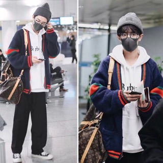 Áo khoác len dài xanh sọc đỏ Gucc mùa thu đông dáng dài phong cách nam diễn viên Tiêu Chiến( Xiao Zhan)