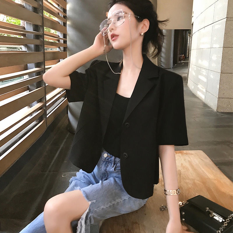 Áo Khoác Vest Tay Ngắn Màu Đen Thiết Kế Mỏng Thời Trang Mùa Hè Dành Cho Nữ