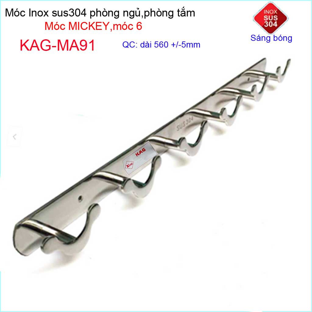 Móc mickey treo quần áo inox 304 cao cấp dày, móc Kace 6 móc treo đồ nhà tắm KAG-MA91