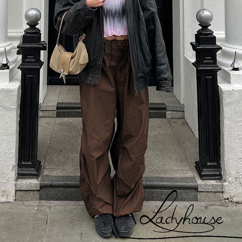 Quần ống rộng Màu Trơn Phối Dây Rút Thời Trang Mùa Xuân Cho Nữ Màu Đen/Nâu