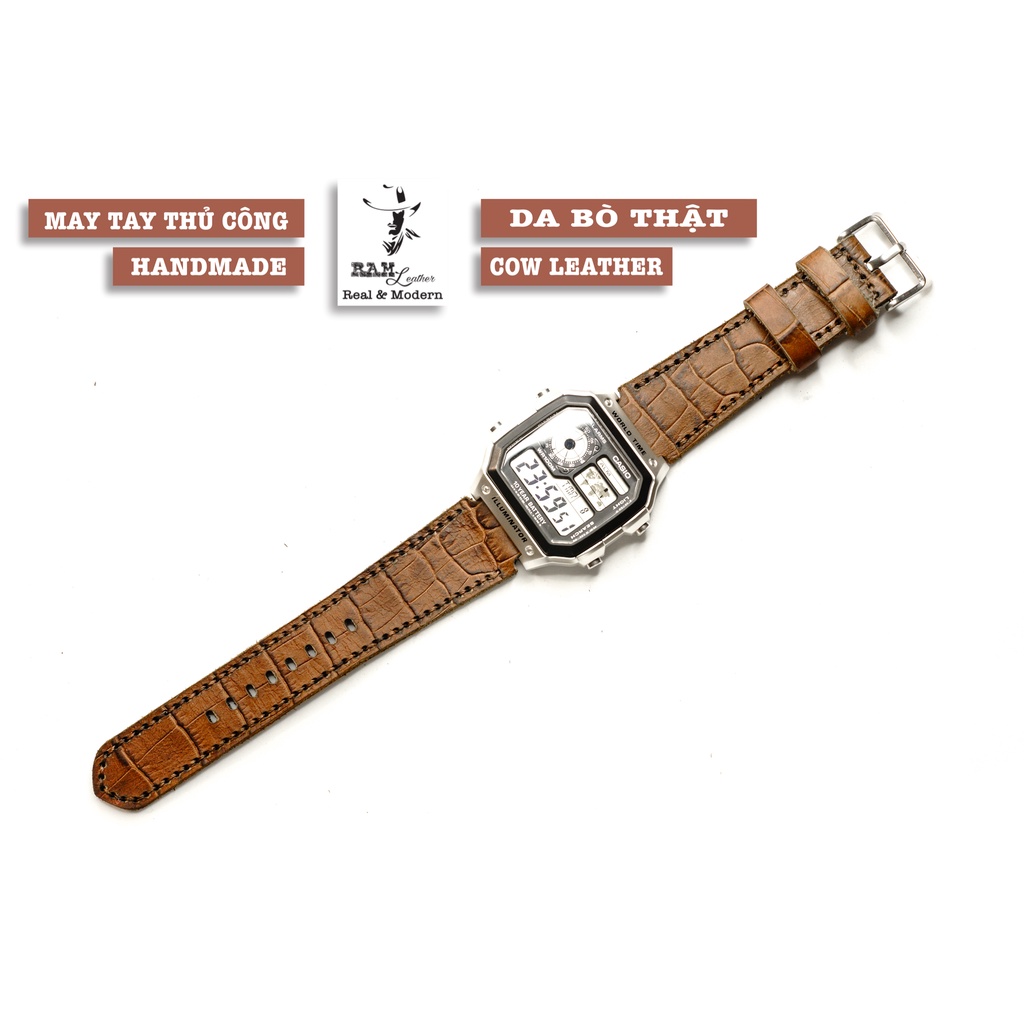 Dây đồng hồ RAM Leather 1928 cho CASIO 1200, AE 1200, 1300, 1100, A159 , A168 , Size 18 da bò dập vân cá sấu