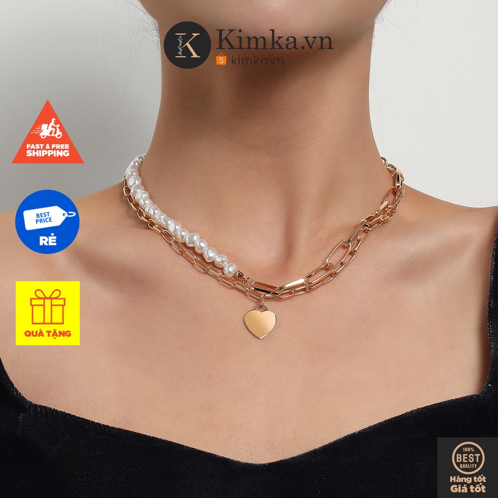 (0293) Dây Chuyền Vòng Cổ Choker Phối Hợp Ngọc Xích Mặt Tim HipHop Retro Sáng Tạo