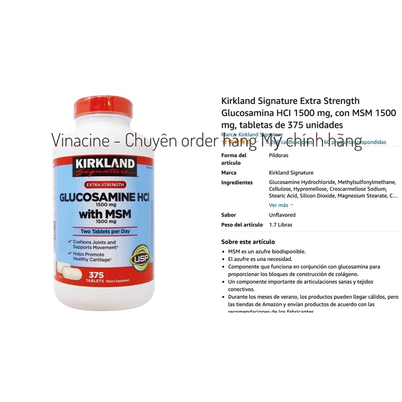 Viên uống bổ khớp Glucosamine Kirkland HCL & MSM (1500mg x 375 Viên) | Thế Giới Skin Care