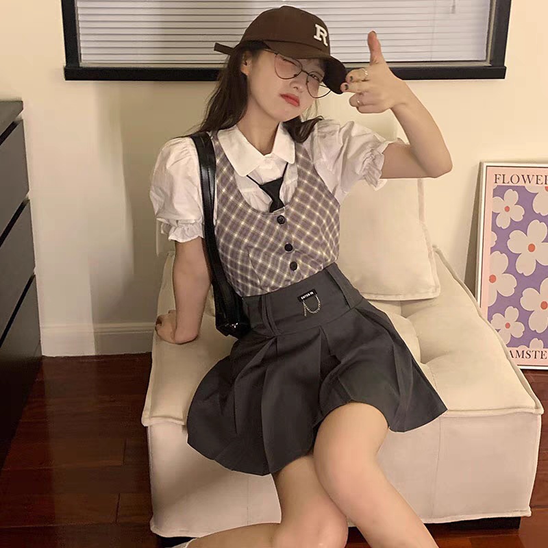 Set đồ nữ sinh hè thu - Áo gile caro cài khuy - Áo sơ mi trắng tay bồng kèm cà vạt-Chân váy xếp ly màu xám đen