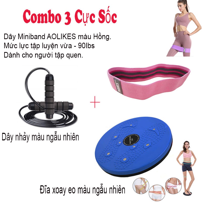 [Combo3 Cực Sốc] Dây Nhảy Lõi Thép + Đĩa Xoay Giảm Eo 360 Độ + Dây Đàn Hồi Kháng Lực  3 mứcTập Mông Mininband CB 9002