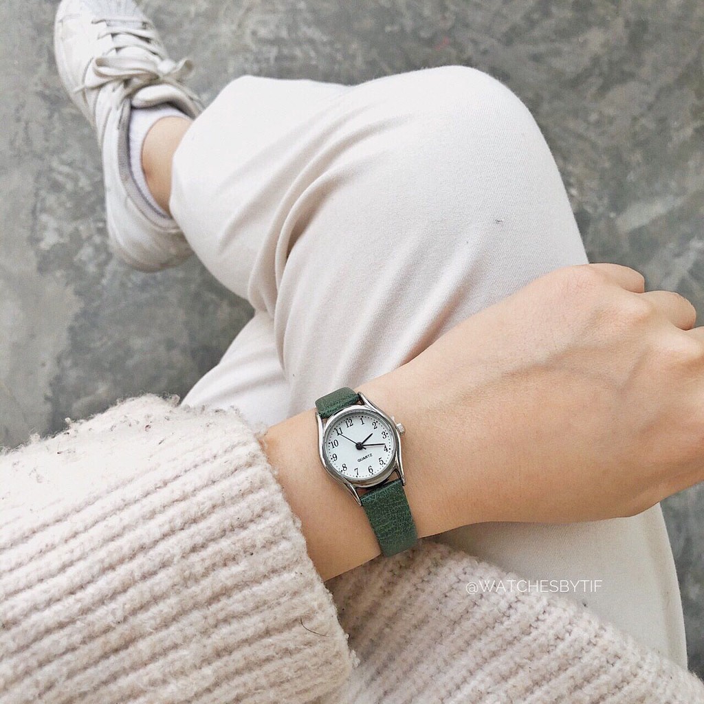 Đồng hồ nữ dây da HEDI mặt số xanh lá mặt trắng Watchesbytif đồng hồ mặt nhỏ đẹp giá rẻ phong cách Hàn Quốc size 22mm | BigBuy360 - bigbuy360.vn