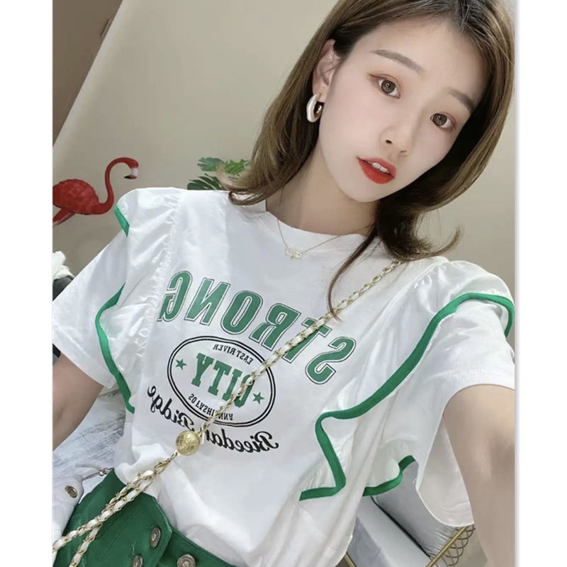 Áo Thun Cotton Tay Ngắn Phối Bèo In Chữ Thời Trang Cho Nữ