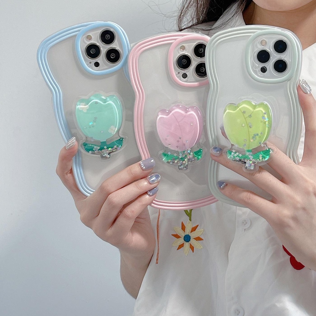 Ốp Điện Thoại Tpu Mềm Trong Suốt Chống Rơi Họa Tiết Hoa Tulip Gắn Giá Đỡ Cho iPhone 11 12 13 pro max xr x xsmax
