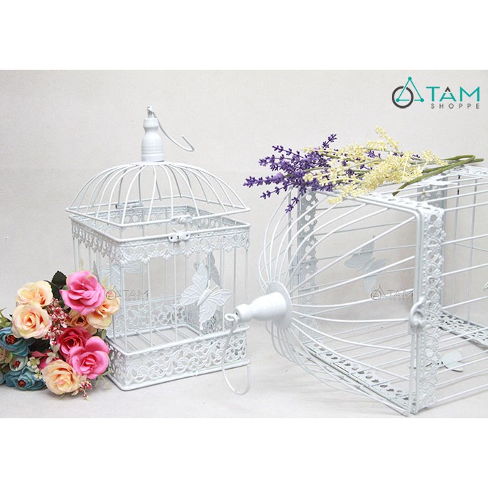 Lồng chim sắt vuông trắng họa tiết bướm H-LCHS-07