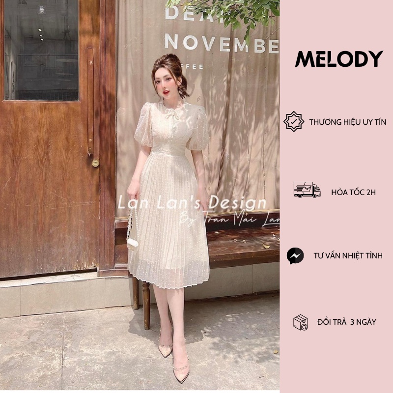 Đầm Midi Dáng Dài, Váy Thiết Kế Xếp Ly Tay Bồng Voan Hạt Nổi Đi Tiệc, Đi Làm