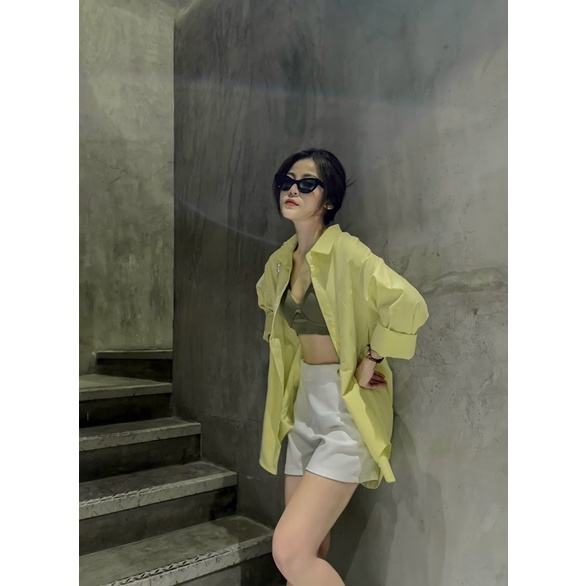 SET ÁO SƠ MI XANH + ÁO CROPTOP XANH 2 DÂY + QUẦN SHORT