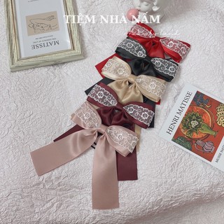 🎀 KẸP/ CỘT TÓC NƠ RIBBON PHỐI REN HOA TRẮNG - [ Nhà Nấm handmade]