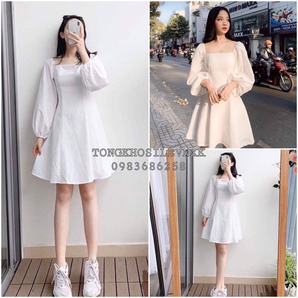 ĐẦM TRẮNG CỔ VUÔNG TAY BỒNG - VÁY TRỄ VAI DÀI TAY TRẮNG CHỮ A ULZZANG