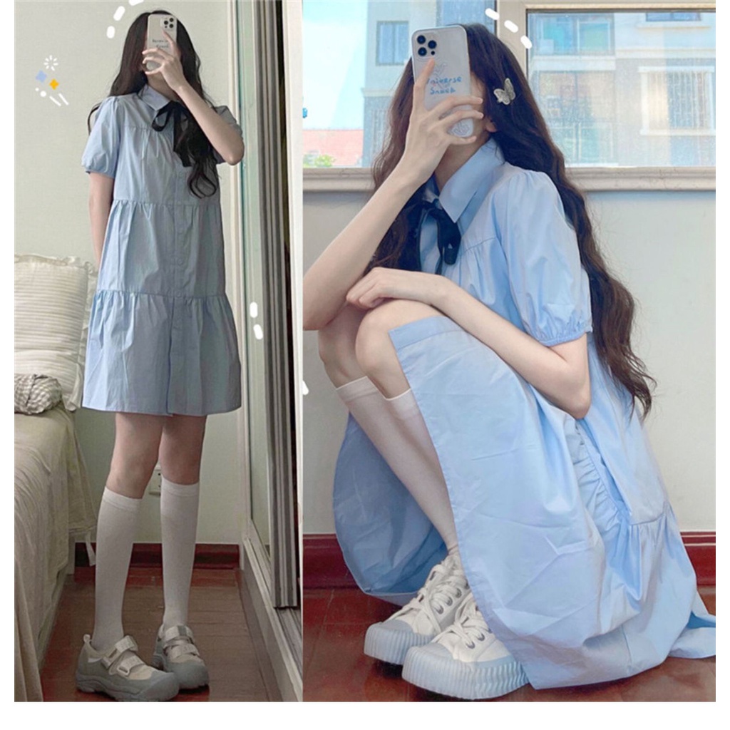 Đầm Babydoll Váy Trắng sơ mi ulzzang kèm nơ đi biển dài xếp ly suông đẹp nữ dài qua gối thiết kế đuôi cá Kozoda D8