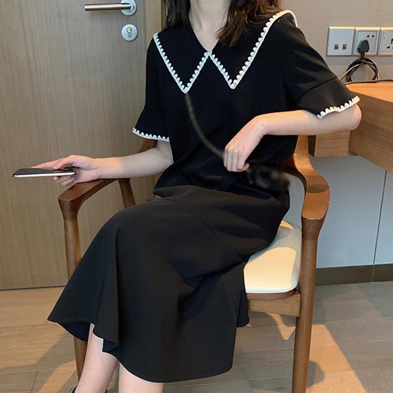 Đầm dài tay ngắn dáng rộng màu trơn phong cách Hàn Quốc dễ thương thời trang cho nữ