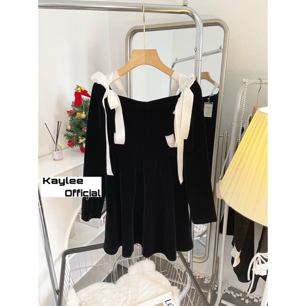 Váy Babydoll Nhung Buộc Nơ Trễ Vai Hàng QC ảnh thật cận chất Kaylee | BigBuy360 - bigbuy360.vn