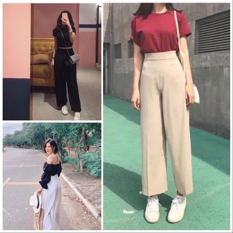 Quần culottes ống rộng nữ suông dài đen, kem, trắng lưng siêu cao tôn dáng tuyệt đối 2 chất vải cho khách lựa chọn
