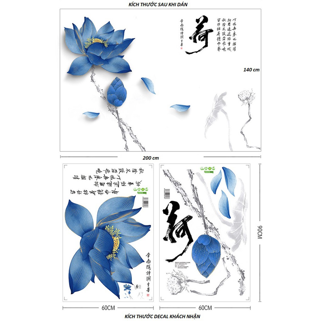 [CHẤT] Decal dán tường Hoa sen xanh thủy mặc trang trí phòng khách siêu đẹp AmyShop