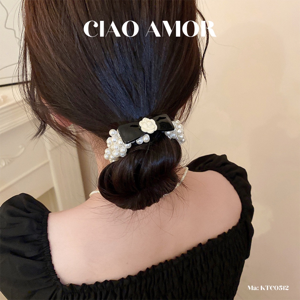 Cột tóc nữ, Chun tóc dây hạt vải đen hoa trắng sữa Trang sức Ciao Amor - KTC0512