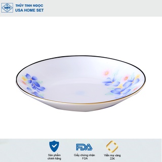 Đĩa tròn sâu viền vàng 22K họa tiết hoa màu xanh Thủy Tinh Ngọc USA Homeset cao cấp nhập khẩu chính hãng