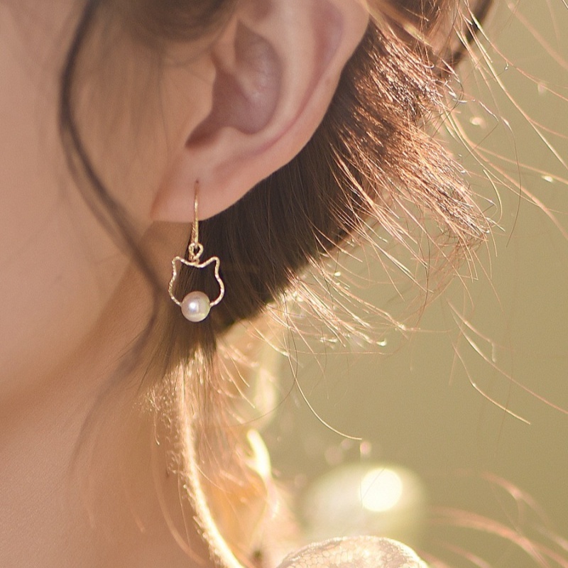 Khuyên Tai Hình Mèo Đính Ngọc Trai Sang Trọng Cao Cấp Phong Cách Pháp Cho Nữ