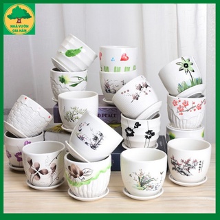 Chậu gốm sứ có kèm đĩa hứng, kích thước 10cm*11cm