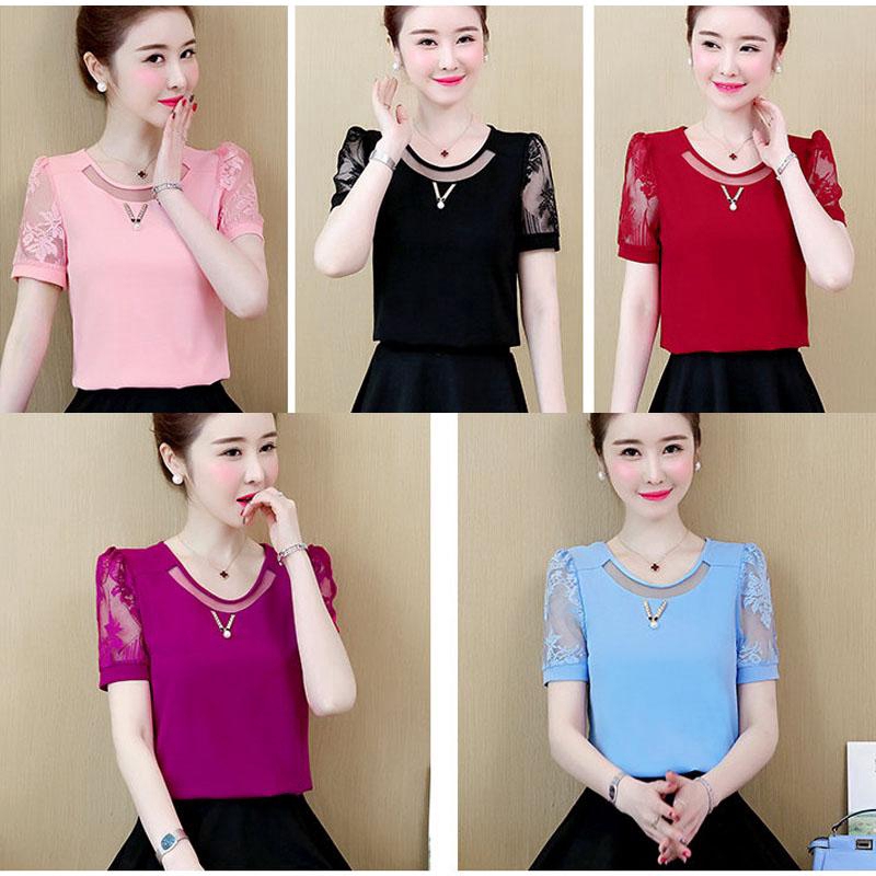 New Fashion Chiffon Blouses Women Autumn Lace Patchwork Tops Plus Size Short Sleeve Shirts Ladies
