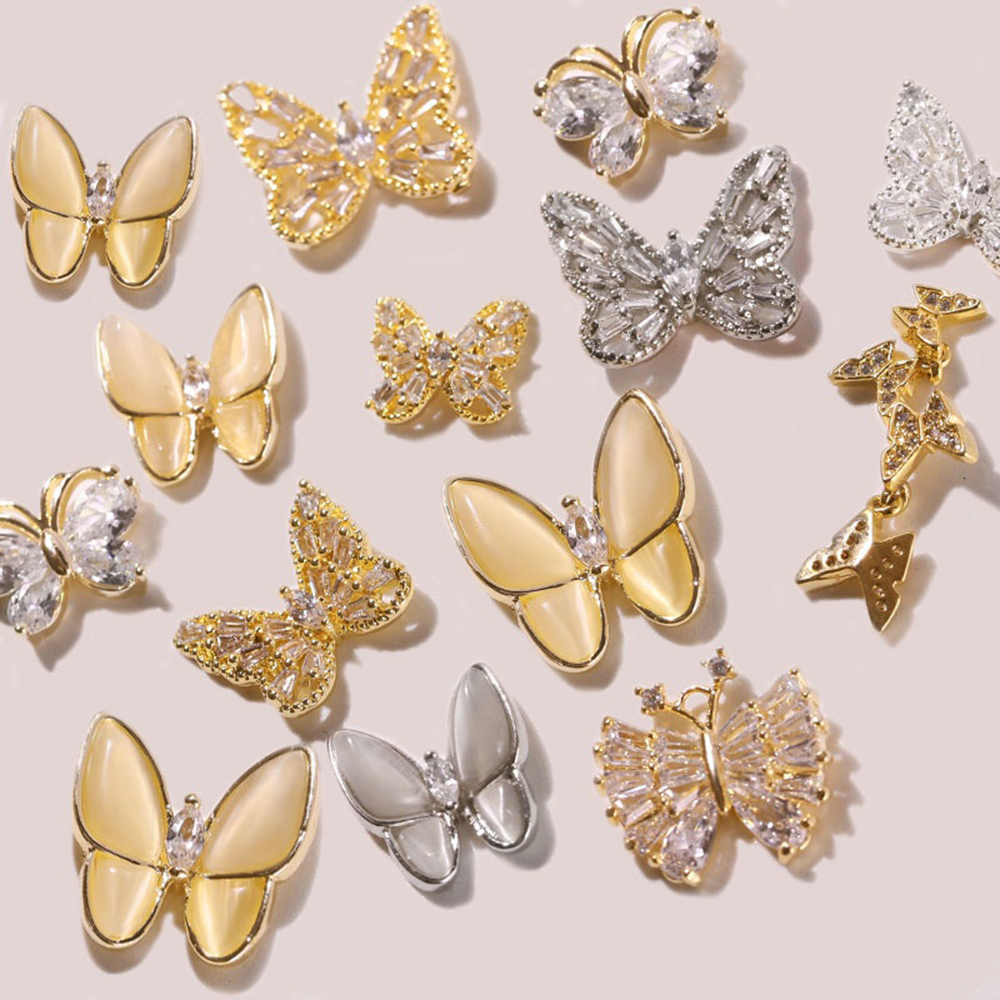 Mặt Trang Trí Móng Tay Hình Bướm Và Mắt Mèo Đính Đá Zircon 3D Sang Trọng