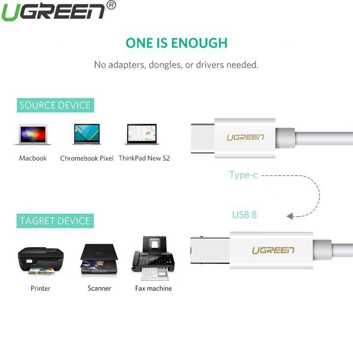 Cáp máy in USB Type C dài 1.5m Ugreen 40417 - Hàng Chính Hãng