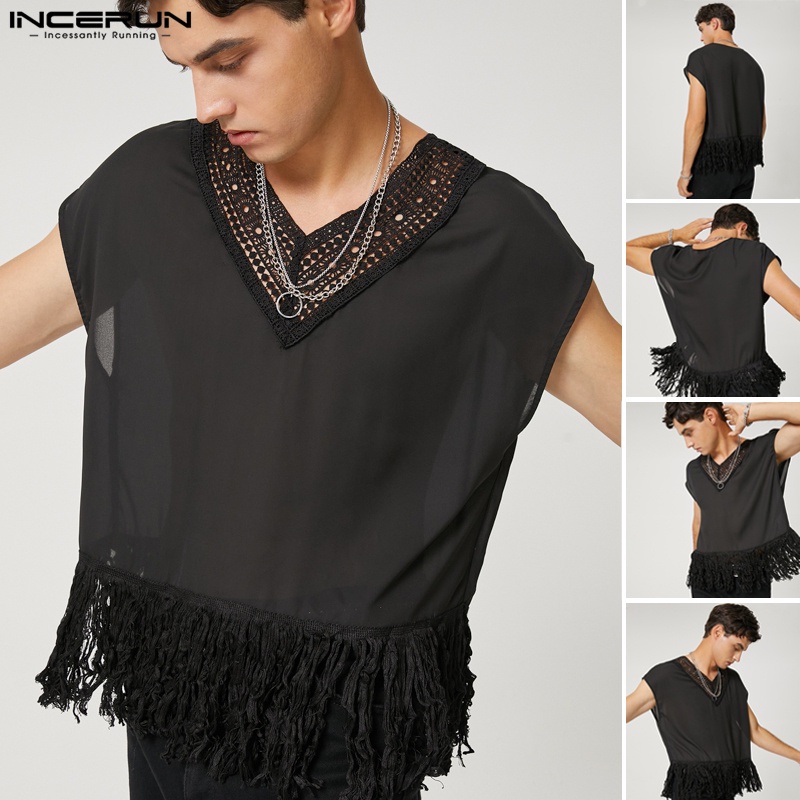 INCERUN Áo Thun Ba Lỗ Cổ Chữ V Phối Tua Rua Xuyên Thấu Phong Cách Vintage Cho Nam
