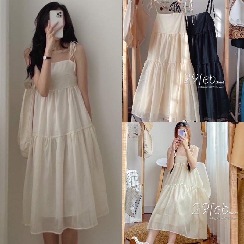 [Ảnh thật/Video]Váy 2 dây babydoll voan tơ buộc dây vai dáng xoè xếp tầng cực xinh