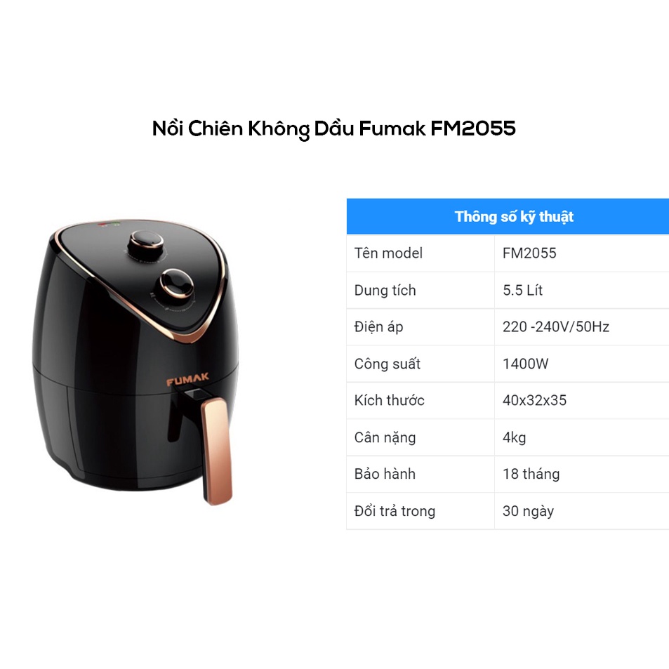 [Mã ELHADEV giảm 4% đơn 300K] Nồi chiên, Nồi Chiên không dầu Fumak FM-2055 Nhật Bản, Dung Tích 5.5L [Bảo hành 18 tháng]