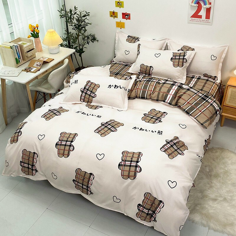 Bộ chăn ga gối , drap giường chất cotton poly họa tiết gấu kẻ bbr