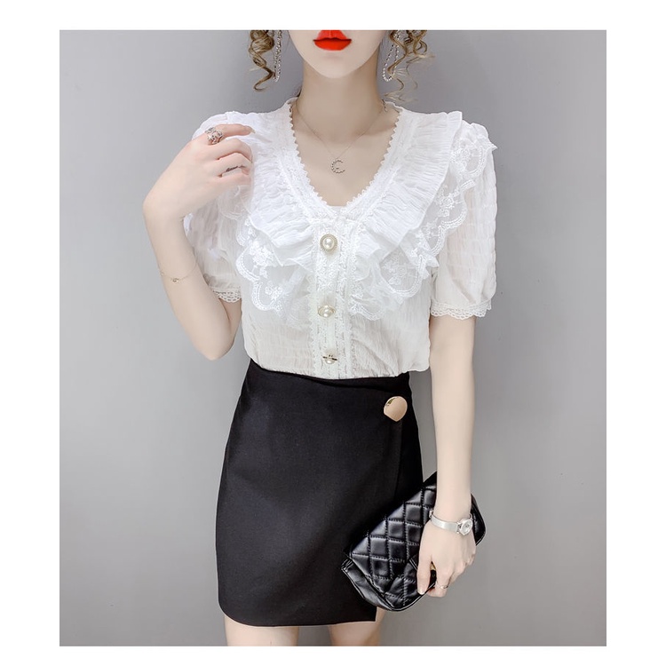 Áo Sơ Mi Chiffon Cổ Chữ V Phối Ren Bèo Thời Trang Mùa Hè Xinh Xắn Cho Nữ