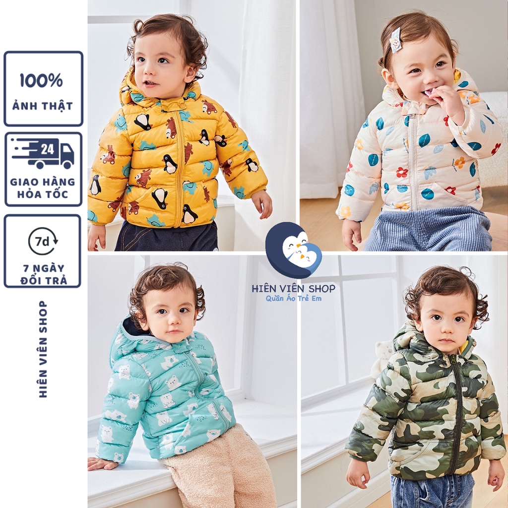 Áo khoác phao mùa đông có mũ họa tiết dễ thương giữ ấm chắn gió cho bé trai bé gái 1,2,3,4,5 tuổi -Hiên Viên HVAK02