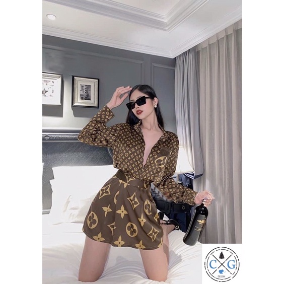 Set áo sơ mi chân váy rập ly lụa Satin