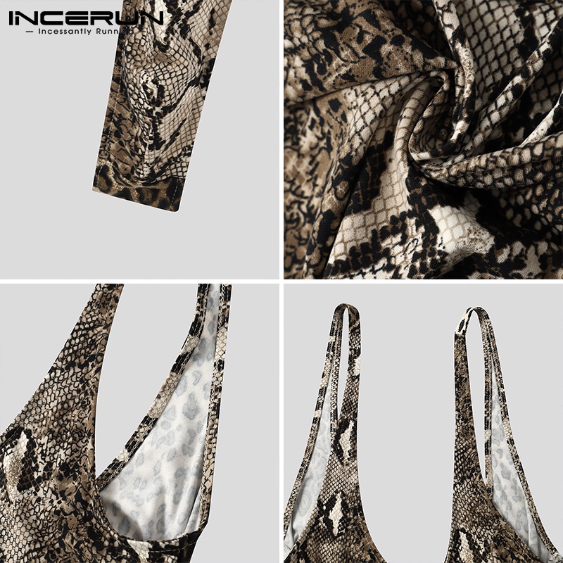 Áo liền quần nam INCERUN dáng ôm lưng chữ T dạng dây không tay in họa tiết gợi cảm