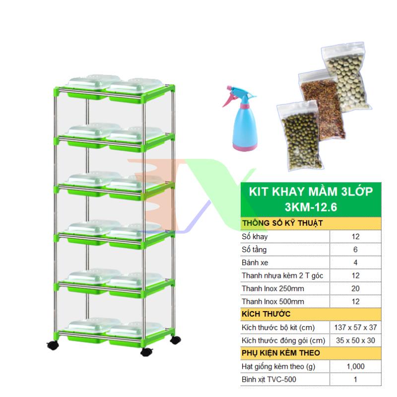 Bộ kit Khay trồng rau mầm thủy canh 3 lớp 3KM-12.6, Gồm Khay, Giá đỡ, Bình xịt, Hạt giống